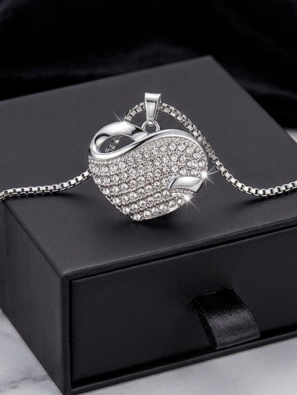 Swarovski Crystal Pavé 3D Sculptural Heart Statement Pendant Necklace Silver
